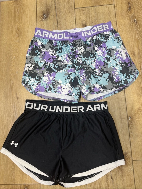 Under Armour Other - Under Armour Purple, Teal & Black Camo + Black Athletic Shorts 2 Pair Girls L